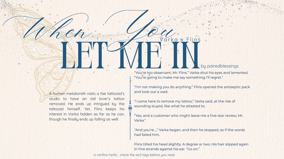 pairedblessings's tweet image. ⚔️🕯️ #varflins #knightlight

A metalsmith x tattoo artist AU fic -- Varka finds himself in Flins's tattoo studio, asking to remove an ex-lover's tattoo. Link to read in reply. Check tags before you do!