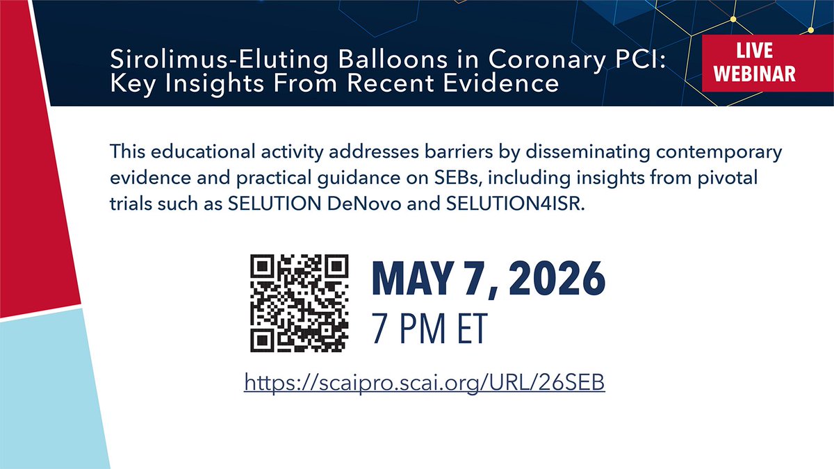 SCAI's tweet image. 📢 New webinar: Sirolimus-eluting balloons in coronary PCI—key insights from recent data. Join us on April 10 at 7 PM ET to learn how this “leave nothing behind” approach may impact your practice.

Register now ➡️ scaipro.scai.org/URL/26SEB

#InterventionalCardiology #PCI #CardioEd