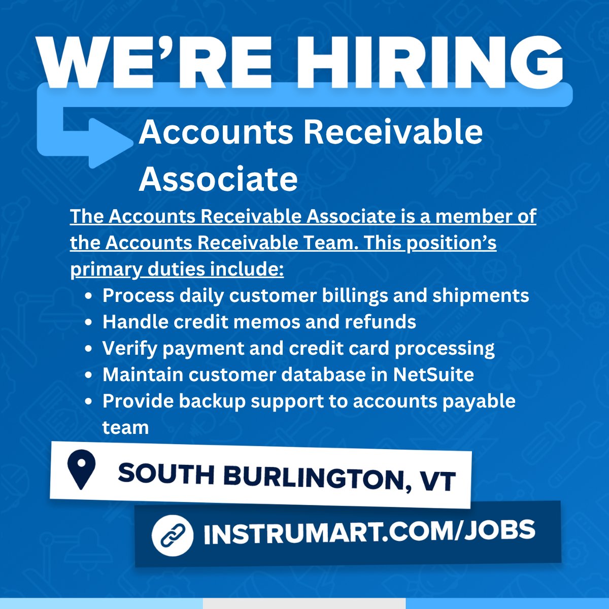 Instrumart's tweet photo. We're hiring! Apply today for the position of Accounts Receivable Associate. Details below and at the link: https://t.co/GkDnPtg9Nl https://t.co/99FxDIBvLb