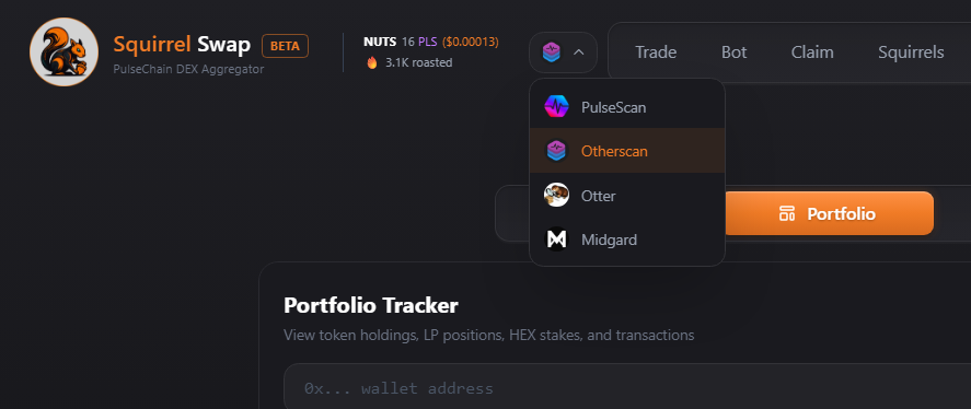 555squirrels's tweet photo. You can now select you favourite explorer for Squirrel Swap to navigate to... also the portfolio will load much faster now, tokens loaded initially, LP, Hex stakes and transactions loaded on demand 👍 https://t.co/4mSvbkNjvt