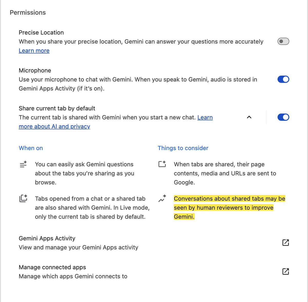 alfiewm's tweet photo. "Conversations about shared tabs may be seen by human reviewers to improve Gemini." - Gemini in Chrome. WTF Σ(°ロ°) https://t.co/3WnU13odLn