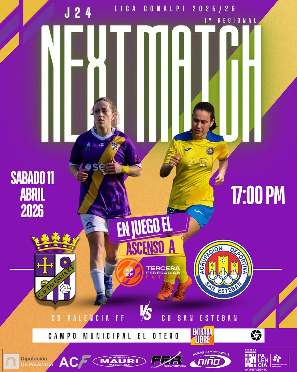 palenciafutfem's tweet photo. 🚀 𝘼 𝙎 𝘾 𝙀 𝙉 𝙎 𝙊   𝙀 𝙉   𝙅 𝙐 𝙀 𝙂 𝙊  🚀
Este sábado no solo jugamos por tres puntos.  
Jugamos por un sueño que llevamos meses construyendo y que está a una victoria de hacerse realidad.

Si ganamos, seremos de ......
𝙏 𝙀 𝙍 𝘾 𝙀 𝙍 𝘼   𝙁 𝙀 𝘿 𝙀 𝙍 𝘼 𝘾 𝙄 𝙊 𝙉
Así de grande. Así de histórico.

 🆚 @cdsanesteban  
📅 11 abril  
⏰ 17:00h  
🏟️ El Otero  
🎟️ Entrada libre

Ahora solo falta lo más importante: vosotras y vosotros en la grada. 🙌
Que El Otero empuje!
Que el morado se sienta!

👉 Comparte este post y ven con alguien al campo.  
 ¡¡Este ascenso lo hacemos junto@s!!

💜#AupaMoradas
#CreerCrecerySoñar
#MasPalentinasQueNunca
#LigaGonalpi 
#Futfem