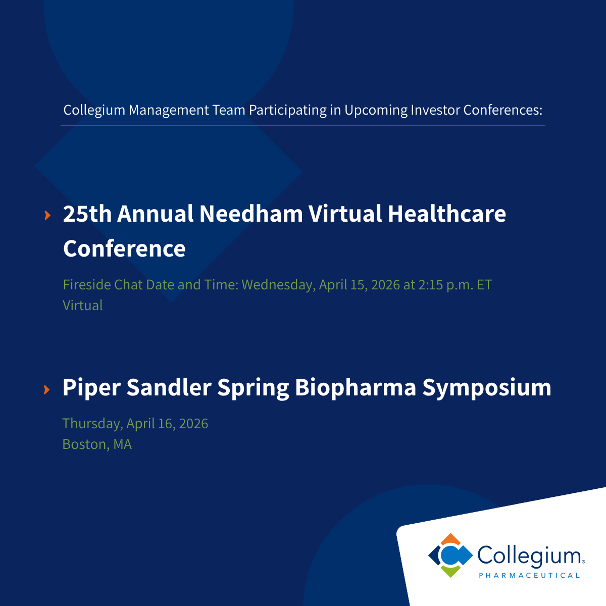 CollegiumPharma's tweet photo. Our leadership team is looking forward to the upcoming Needham and Piper Sandler healthcare conferences this month. Learn more: https://t.co/fuYEWziHRD https://t.co/jEOk01Flh3