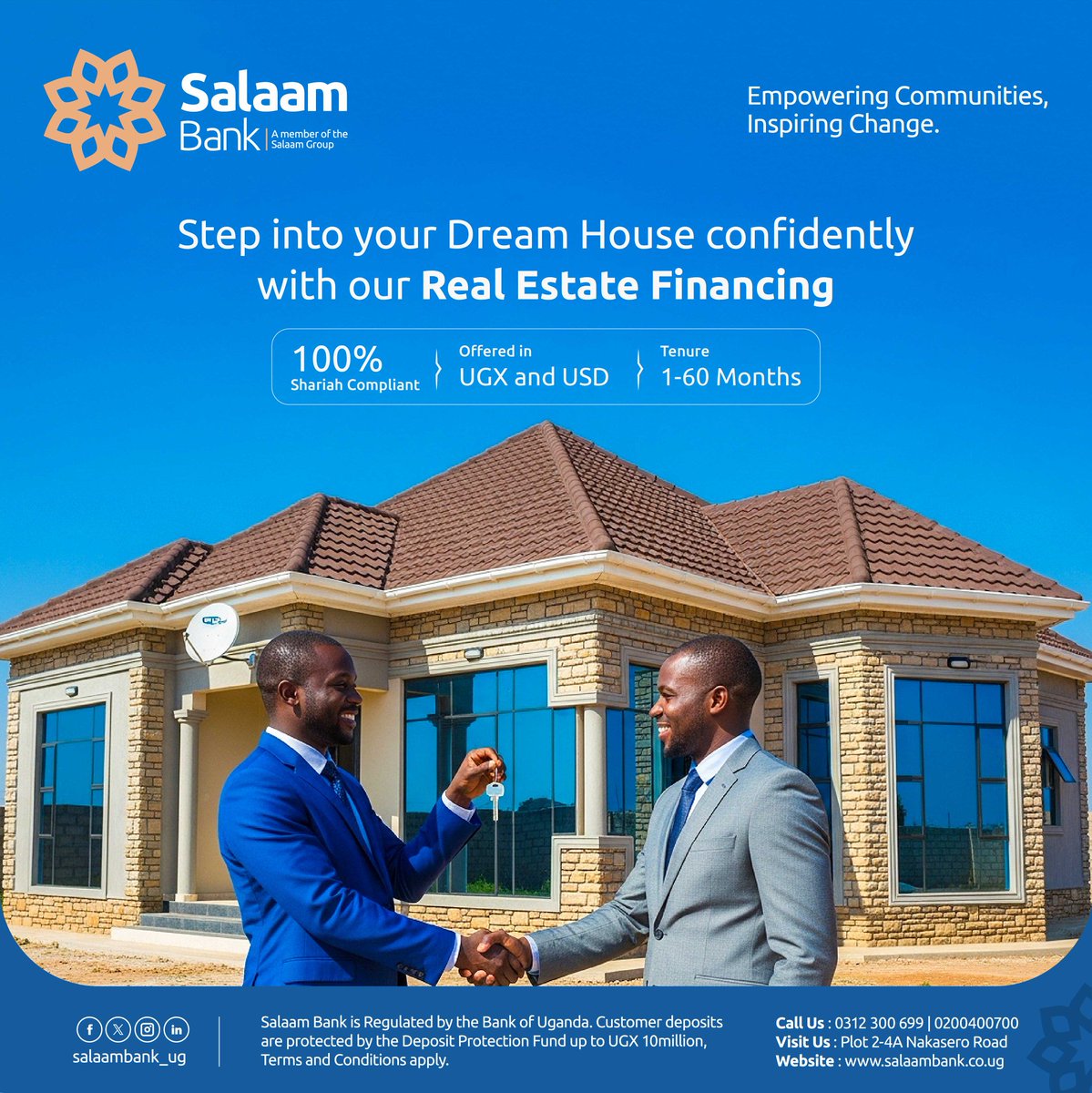 salaambank_ug's tweet photo. Get the keys to your Home with Salaam Bank Real Estate Financing, visit any of our Branch today and Make it happen.
For more information, call us on 0312300699 or WhatsApp +256703888866. https://t.co/MOf4FX3PaL