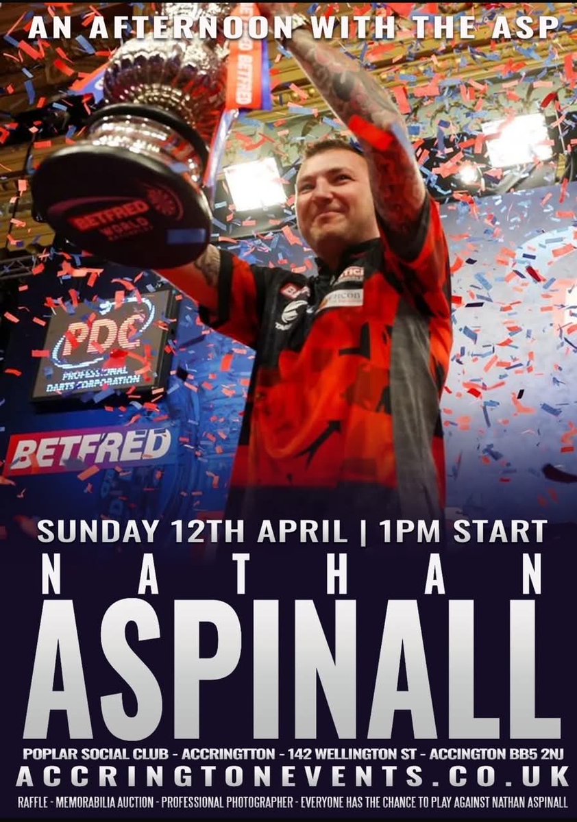 bennymufc's tweet photo. Booked this for Zayden & me on Sunday. An afternoon with @NathanAspi. Me & little man have never done anything like this event before so we are really looking forward to it. A little bit of father & son time. #NathanAspinall #TheASP #Darts π―π https://t.co/mQH8idmerB