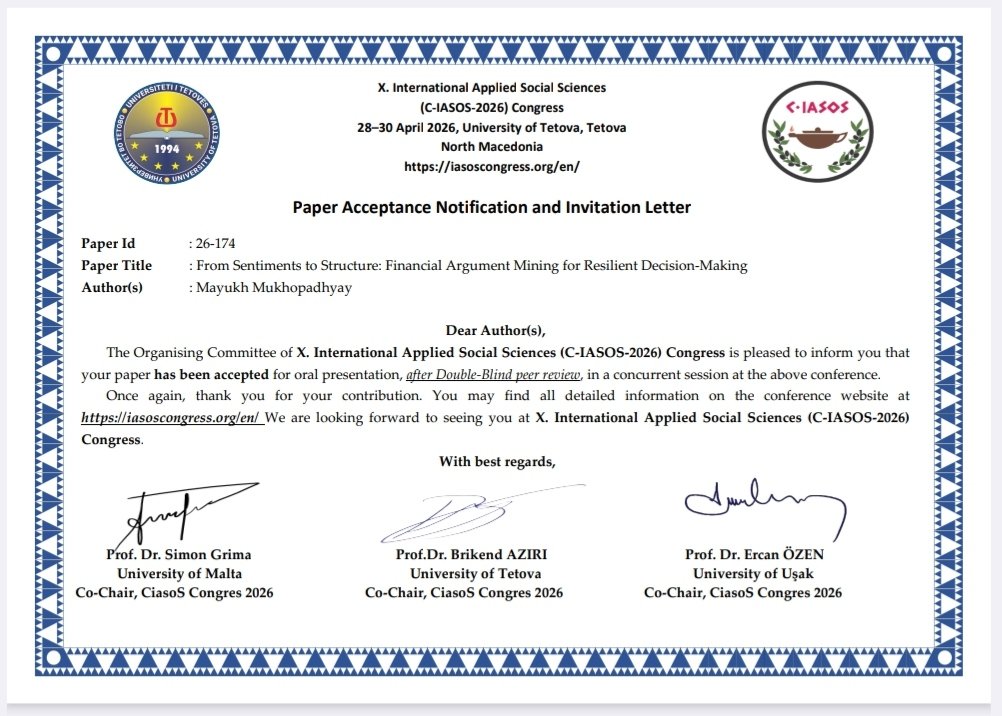 mayukhdifferent's tweet photo. Humbled to have my work on financial argument mining accepted for presentation at International Applied Social Science Congress 2026 jointly organized by University of Malta, Tetova &amp; Usak #fintech #Financial #Analytics #Research https://t.co/xYdzoxvXf9