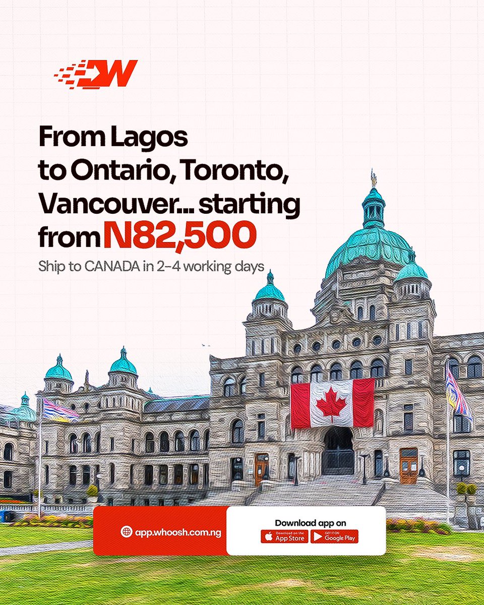 From Lagos to Ontario, Toronto, Vancouver…starting from #82,500.

Download the Whoosh app on Google Play &amp; App Store (<a href="/Whoosh/">Ready-Made</a> NG) 
Visit us: www.whoosh .com.ng
Email: info@whoosh .com.ng
Call/WhatsApp: +234 815 024 0714

#WhooshNG #SmartLogistics #DeliveryMadeEasy #TeamWhoosh
