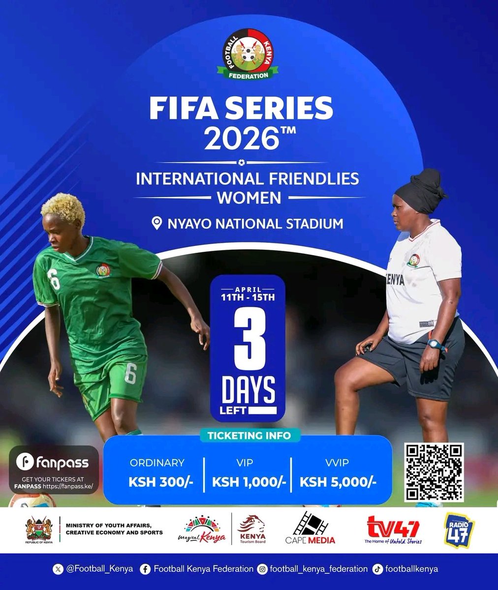 Dollar__SM's tweet photo. Kenya is set to host the FIFA Women Series at the Nyayo National Stadium on Saturday.

Ticket Prices have been set at KSh 300,1000 and 5,000 respectively for Regular,VIP and VVIP respectively can be accessed at 
🔗 [https://t.co/UeeinQZL00

#FootballKE 
#FIFASeries https://t.co/nqYP7Cc3PQ