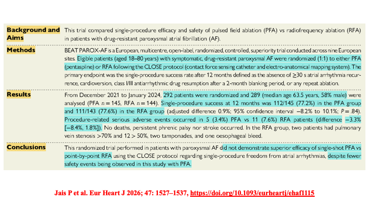 drraviele's tweet image. 📌 BEAT PAROX-AF randomized trial
👉 At 12 mths, #PFA &amp;amp; #RFA show comparable efficacy,
but...PFA is assoc. w/
🔷 signific. ⬇️ procedure times
🔷 ⬆️ safety profile
#EPeeps #WomeninEP #afib #CardioTwitter
#MedTwitter @natale_md @PrashSanders @DrJasonAndrade @Hragy @SeguraCardio