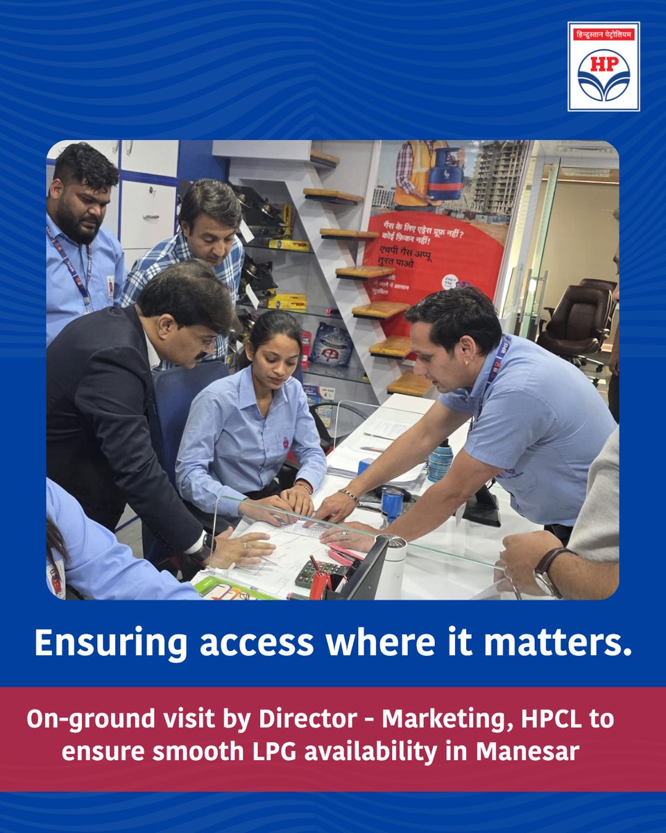 HPCL's tweet image. Director - Marketing visited an LPG distributorship in Manesar Industrial Area to assess the on-ground situation amid concerns of migrant labour returning due to perceived LPG shortages.

HPCL reassures that 5 kg and 2 kg Free Trade LPG cylinders are readily available across HPCL