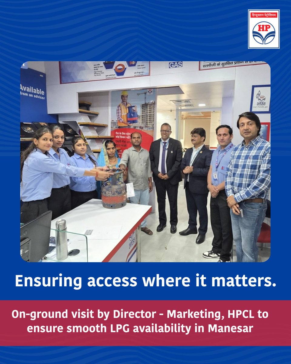 HPCL's tweet image. Director - Marketing visited an LPG distributorship in Manesar Industrial Area to assess the on-ground situation amid concerns of migrant labour returning due to perceived LPG shortages.

HPCL reassures that 5 kg and 2 kg Free Trade LPG cylinders are readily available across HPCL
