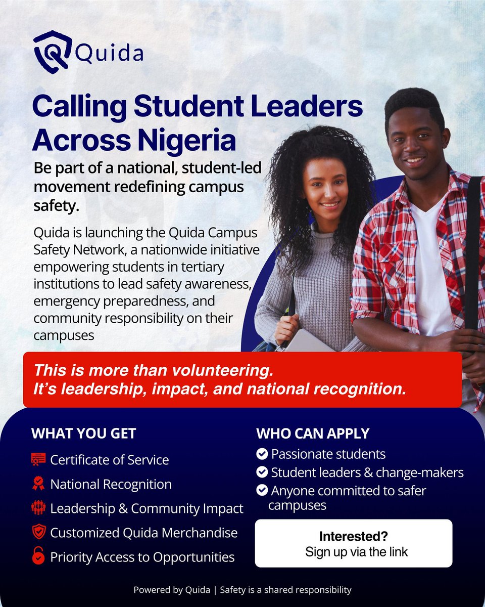 Quida_ltd's tweet photo. Are you passionate about leading a change on your campus? This is for you.
Join a growing network of student leaders committed to safety, awareness, and real impact across Nigeria.
JOIN NOW! https://t.co/subsSxFIk7
#quidaapp #studentambassadors #nigeriancampusconnect #safety https://t.co/QMZ1BCdT5S