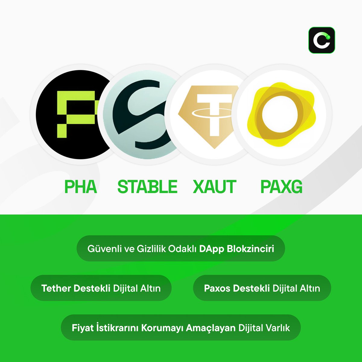 CoinTRTurkiye's tweet image. Küçük bir topluluk testi yapalım 👇
CoinTR’de listelenen son 4 coin ve açıklamalarını bu görselde bir araya getirdik. 👀

Sizce hangi açıklama hangi coine ait?
Tahminlerinizi yorumlarda bizimle paylaşın ✍️
#PHA #STABLE #XAUT #PAXG
