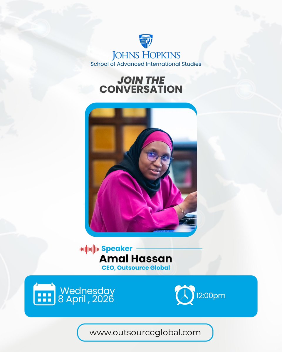 OutSourceGbl's tweet photo. Happening today (12 PM EST):

Amal Hassan at Johns Hopkins SAIS.

From “talent without opportunity” → building a global workforce model.

Big conversation ahead.

#AmalHassan #OutsourceGlobal #FutureOfWork #OTNI https://t.co/MJb6usunFF