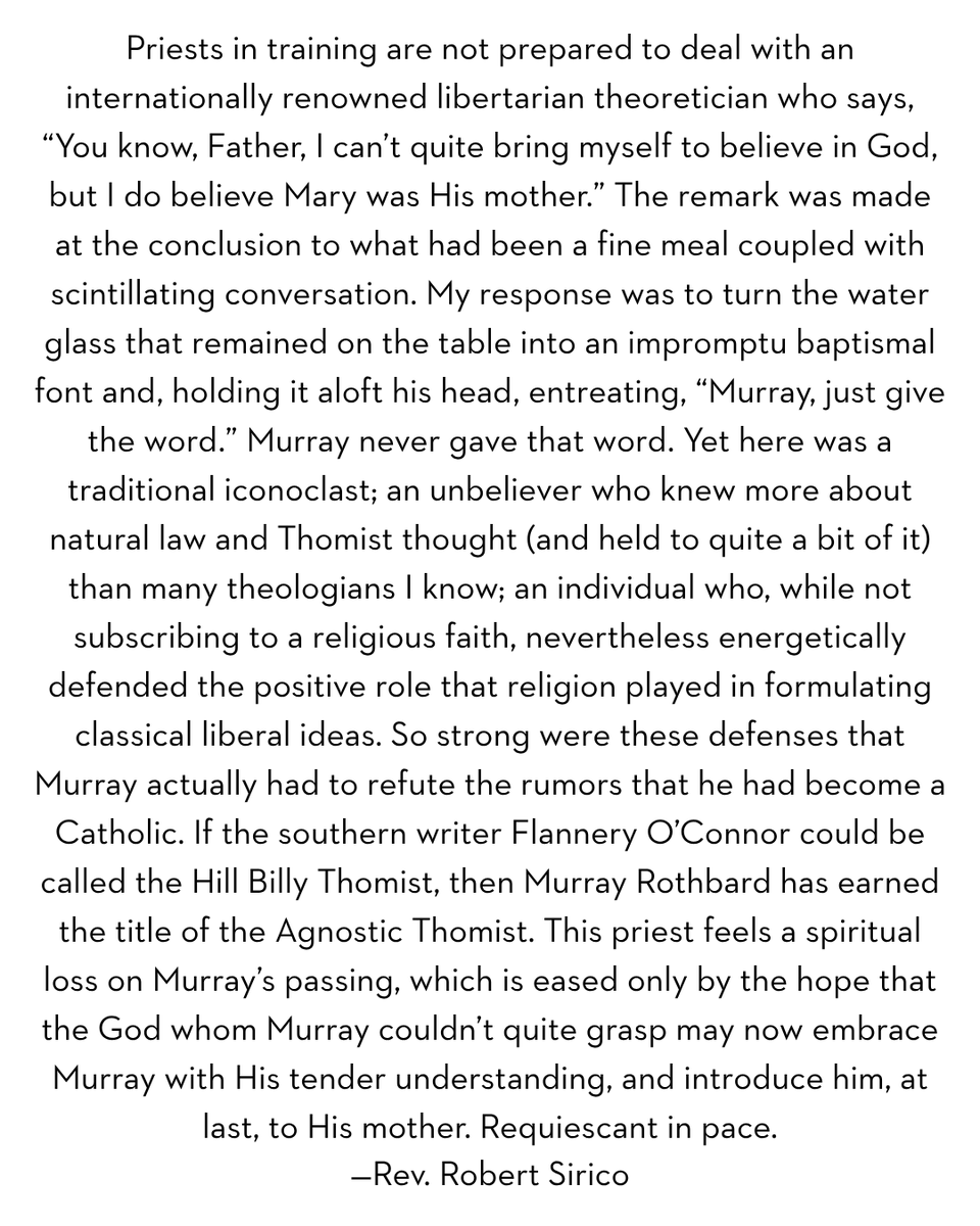 robertsirico's tweet photo. I was reminded by my algorithms that this is the centenary of the birth of the rambunctious economist Murray Rothbard. He was an eclectic thinker who contained in himself an abrasive yet charming character reminding me of many neighbors I grew up with in our native New York. I certainly did not agree with everything he proposed, but enjoyed my exchanges with him. Here is the short memoriam I wrote on his passing in 1995. RIP