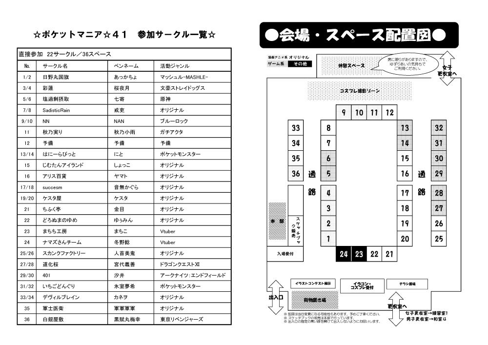 【ポケマニ☆41】2026年4月26日（日）開催🌟
🌟ポケットマニア☆41　
🌟参加サークル一覧と配置図のお知らせです。

#ポケットマニア
#ポケマニ41
#ポケマニ_ofunato