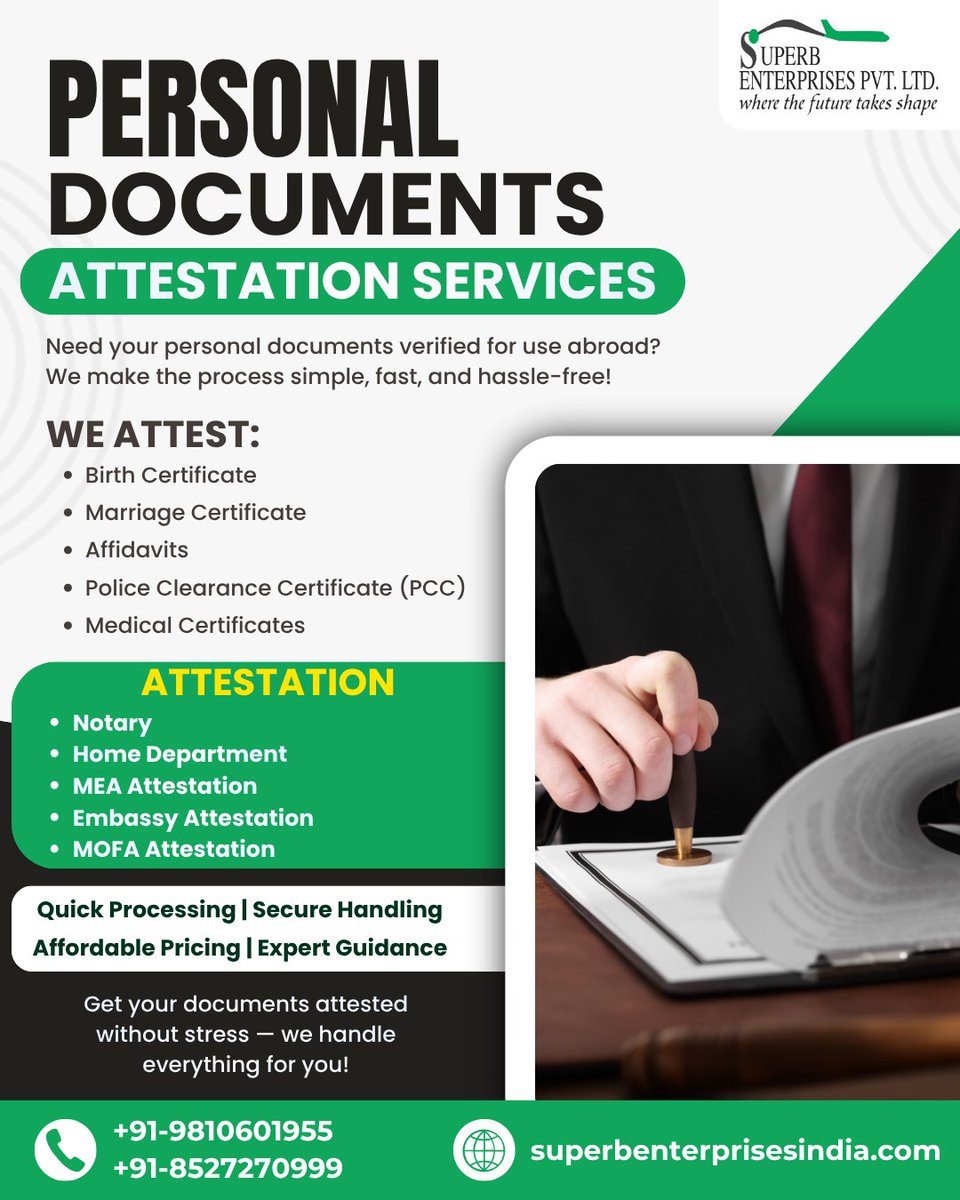 seplgroup's tweet photo. Taking your personal documents abroad? Make sure they are properly attested to be accepted without delays.
Get your personal documents attested with confidence.
Call us: +91-11-41855999 | 🌐 https://t.co/DTMde1164G"

#superbenterprises #legaldocuments #DocumentAttestation https://t.co/xqa7dwPuAx