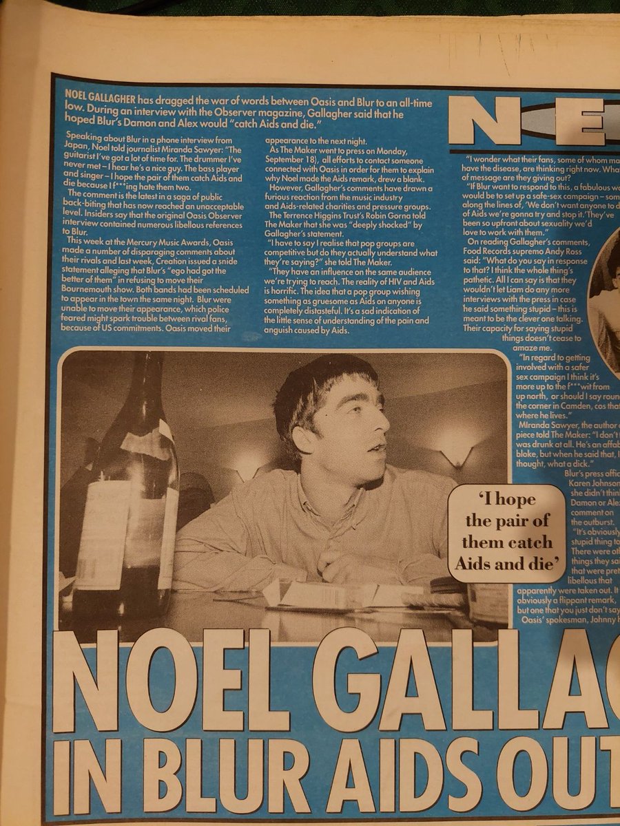 PclPodcast's tweet photo. In our current Oasis episode we mention Noel's comments about wishing that Damon &amp; Alex from Blur would "get AIDS and die". Here are some music press clippings that mention the incident and the backlash he promptly received! https://t.co/noHHQUnsA2