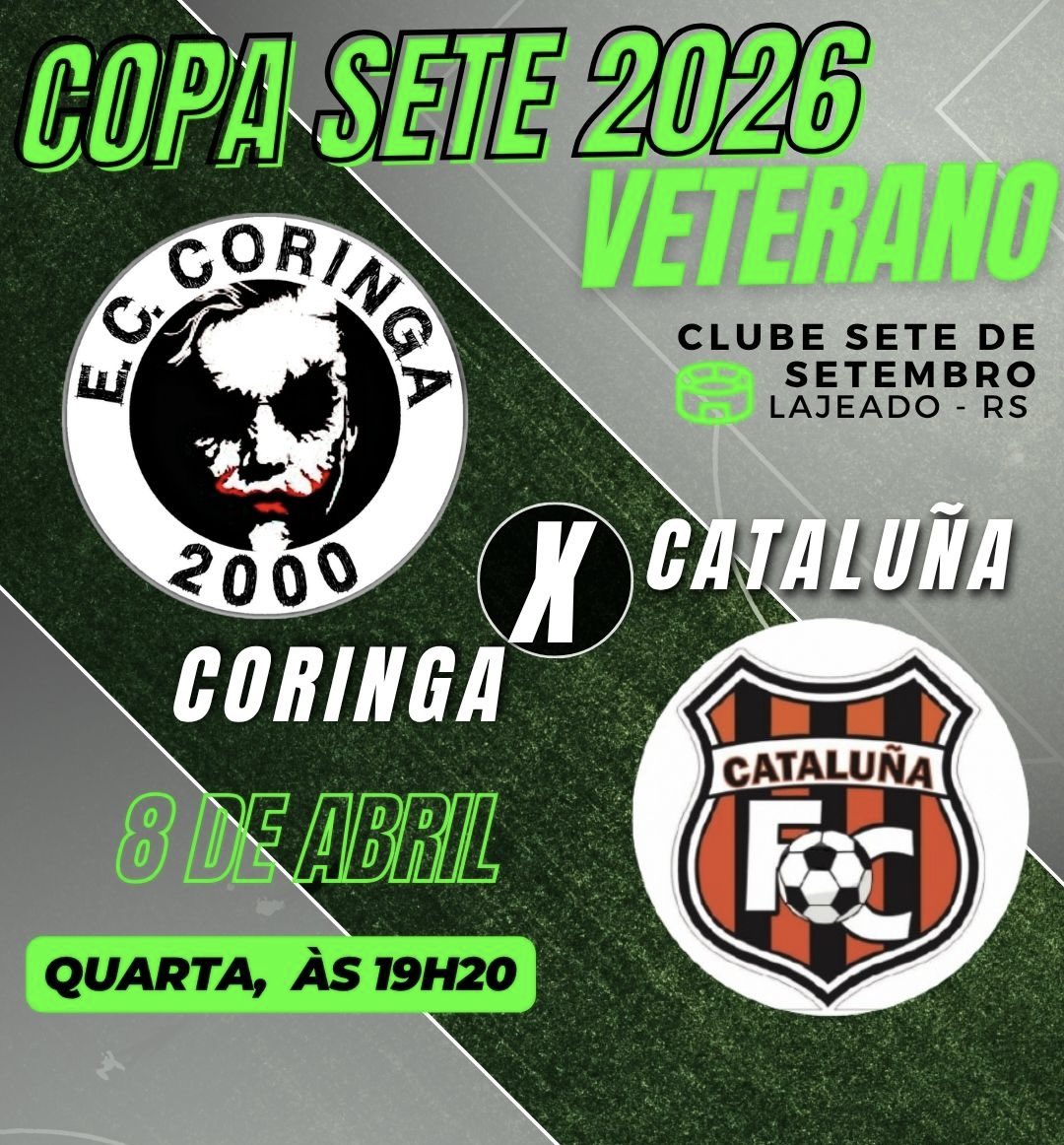 coringa_futebol's tweet photo. Quarta é o dia dos guri mais “experientes”, os Veteranos entram em campo!⚽️

Começou a Copa Sete 2026 VETERANO!

Nosso segundo confronto será contra a equipe do @catalunafc_2005 !

🗓 Data: 08/04
⏰ Horário: 19h20
🏟 Local: Clube 7
🤼‍♀ Adversário: Cataluña https://t.co/mqEB2Wb1vb