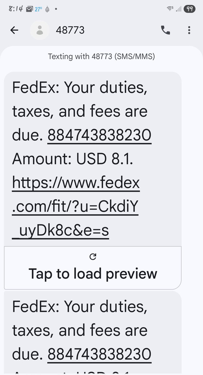 lizziewriter's tweet photo. This seems sus.
@FedExHelp
#fraud #importdutyscam
#textscam #spamtext #vzw #verizonwireless @Verizon https://t.co/ITVLnMKclx