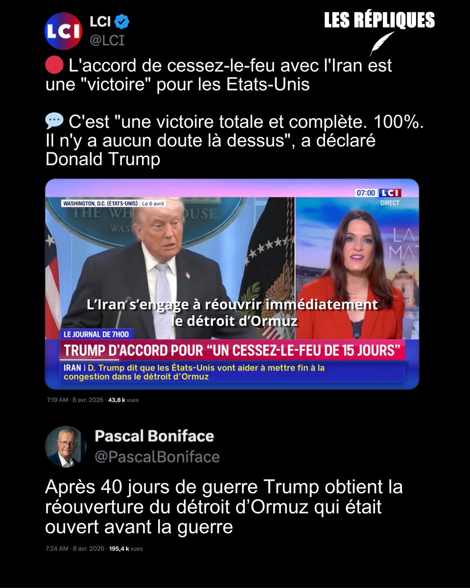 L'Iran s'engage à réouvrir pour 15 jours le détroit d'Ormuz responsable de la crise pétrolière : "une victoire totale et complète" a déclaré le président des États-Unis Donald Trump

<a href="/PascalBoniface/">Pascal Boniface</a>