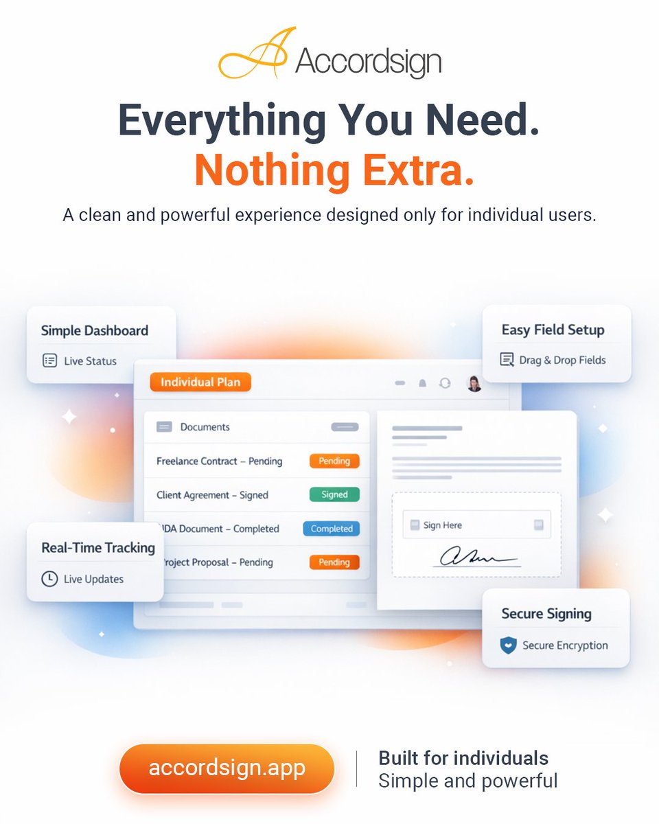 SeedDataSystems's tweet image. Everything you need. Nothing extra.
Simple. Powerful. Focused.
Start now 👉 accordsign.app
#Accordsign #eSignature #SaaS