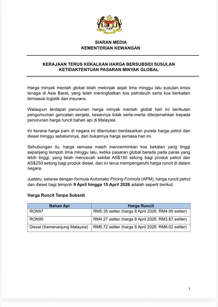 Saya cuba ya. Saya cuba.

Semua orang nampak benda sama hari ini, Gencatan senjata 2 minggu. Selat Hormuz dah buka. Harga minyak dunia dah pun turun.

Soalan yang pasti akan keluar,

“Habis tu awat harga minyak kita tak turun lagi?”