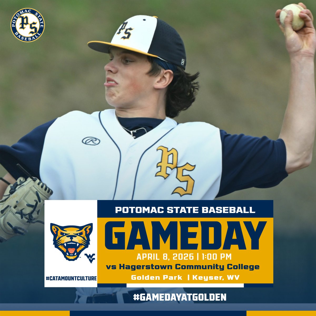 PotomacStateBB's tweet photo. Wednesday April 8, 2026
 ⚾Hagerstown 🆚 Potomac State
 🕙 1PM 
 📊 https://t.co/eCzw82n1JX
 💻 https://t.co/b9u2tiFrxK
 📍 Keyser, WV
 🏟️ Golden Park 
#CatamountCulture   #GameDayatGolden https://t.co/i1JqanAIus