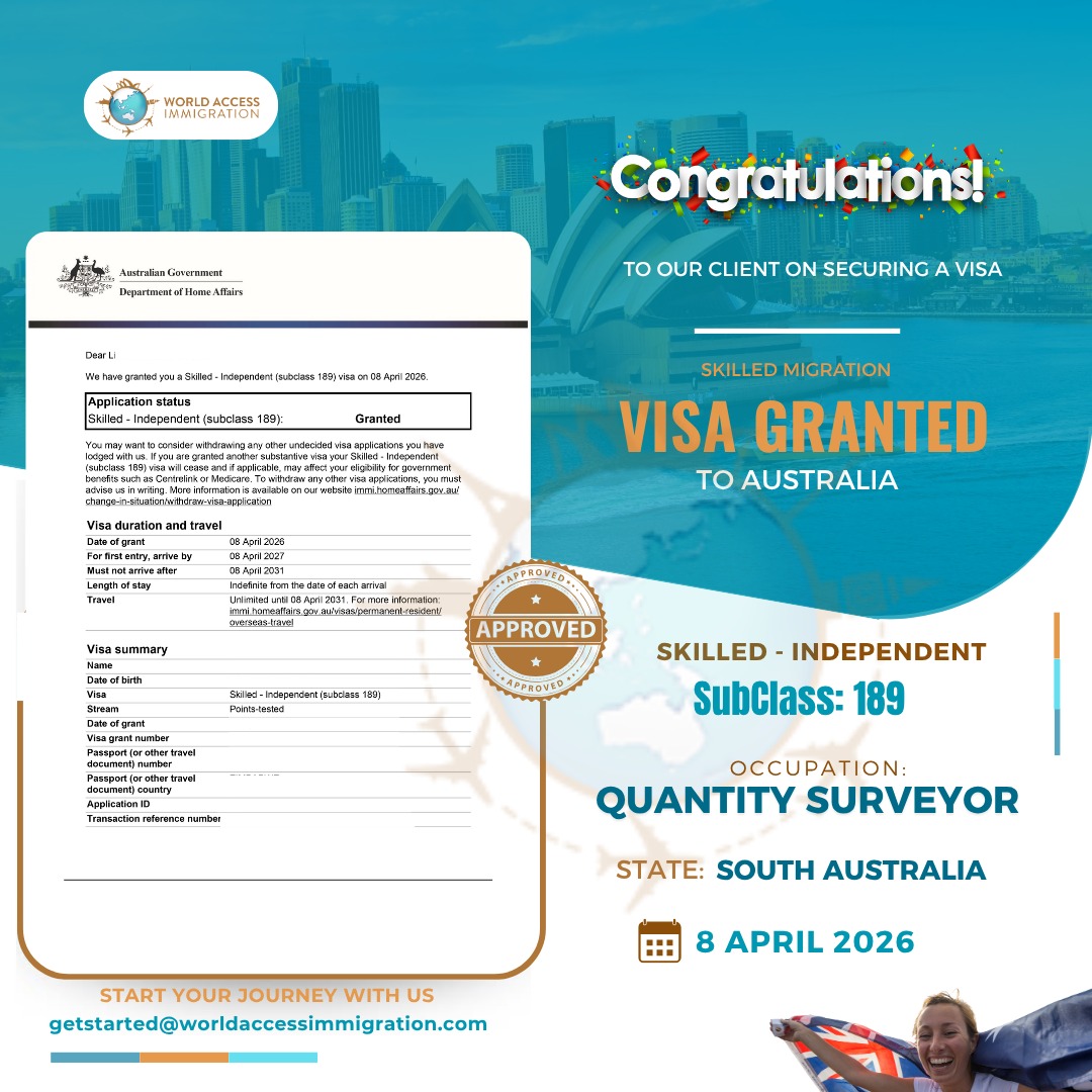 worldaccess_sa's tweet photo. Another success story at World Access Immigration! 🥂 Huge congratulations to our client on being granted their Skilled - Independent (Subclass 189) Visa.🏗️

Dreaming of your own Australian success story? Let’s make it happen.

📧 Email us: getstarted@worldaccessimmigration.com https://t.co/Np5FFgDfzp