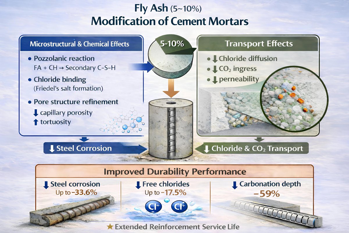 Minerals_MDPI's tweet image. 🔬New in Minerals
📄Ca-rich fly ash cement mortars under 24-month marine exposure
🧪Study by Nikolaos Chousidis (NKUA) shows long-term durability of industrial mineral-based cement systems in aggressive coastal environments.
 mdpi.com/2075-163X/16/3…
#Concrete #FlyAsh #Durability
