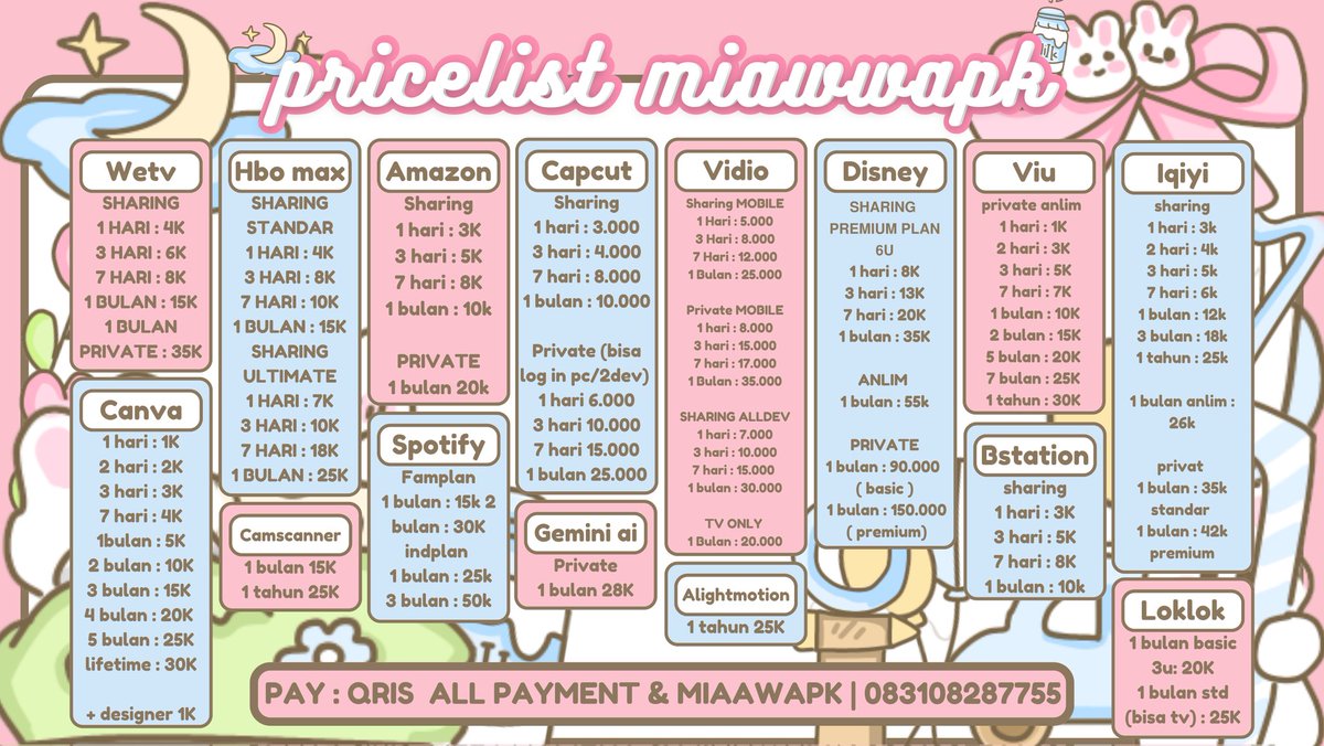 cbalifs's tweet photo. ⨳  ╭╯ welcome to miawapk🌸 ready to shopping to my shop⊹ 𓊔  mari jajan apk premium nya kak . 𓈃 ☁️ ⊹ ៸៸ 
Berikut price list ku, mari jajan𓏲⋆ ִֶָ 𓂃 ⋆

៶៲៸   ⊂⊃  🛒 testimonial : https://t.co/Byl8P81OBI

⊂⊃  ₊˚⊹  🌷🍥˚ ៸៸  thank you  ꕤ ⊹ 🐰 https://t.co/P6lH1Lwj08