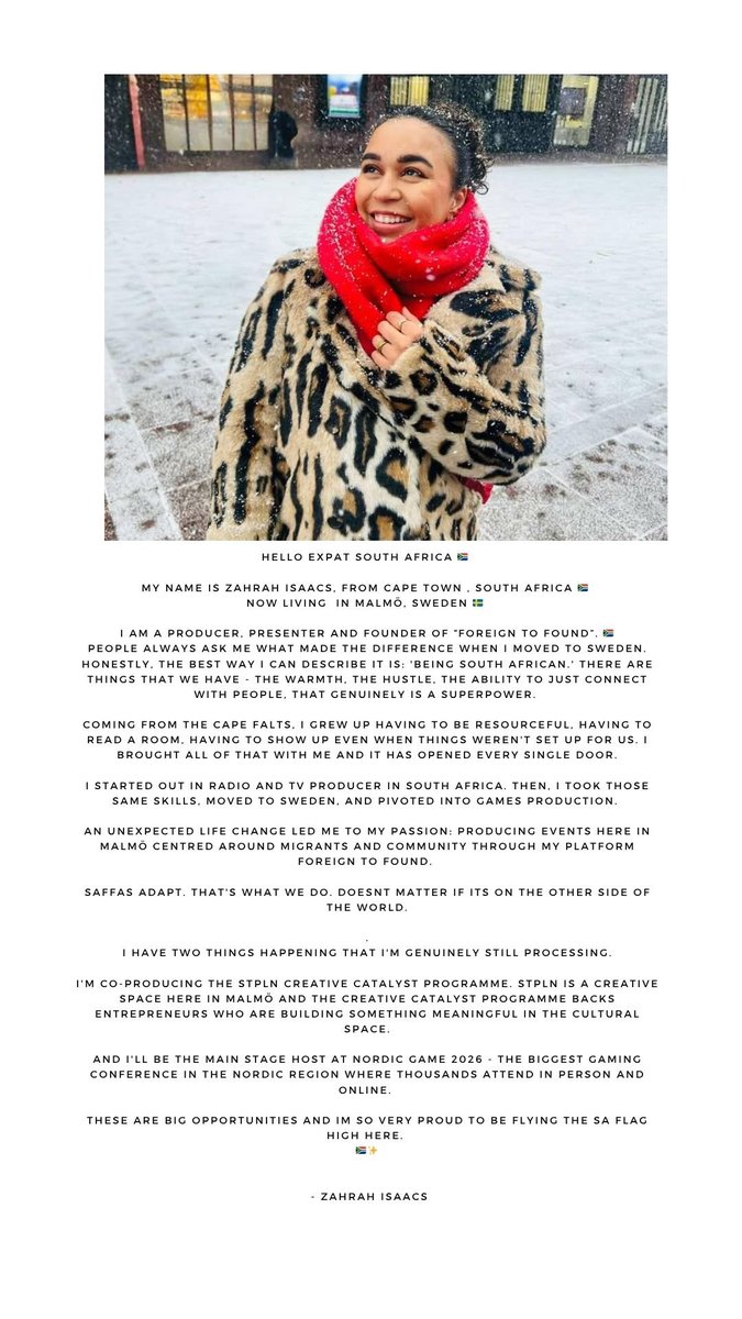 ExpatSouth's tweet image. Hello Expat South Africa 🇿🇦 

Meet Zahrah Isaacs from Cape Town, now living in Malmö, Sweden 🇸🇪 

HER STORY ………

#ExpatSA
#CapeTown
#Sweden