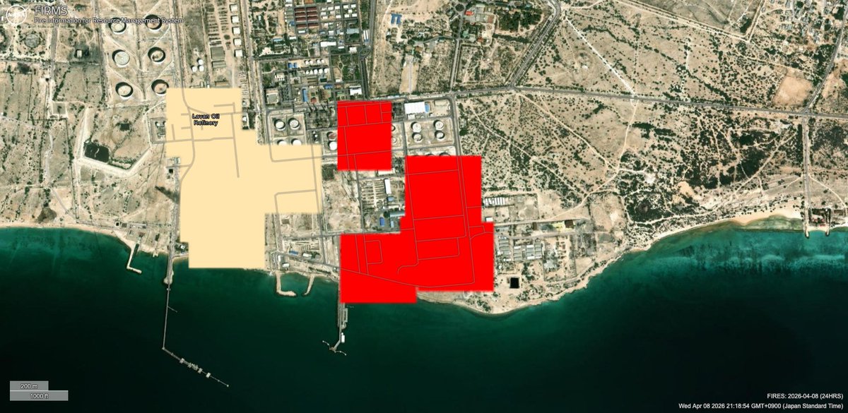 ペルシャ湾のイラン・ラバン島の石油施設。イラン石油省メディアが「製油施設が攻撃を受けた」と報じています。

4月8日 10:11:00 UTCに熱源が検出されています。西側のオレンジ色は定常的な熱源で，今回検出された赤色の熱源はこれまでに例がありません。