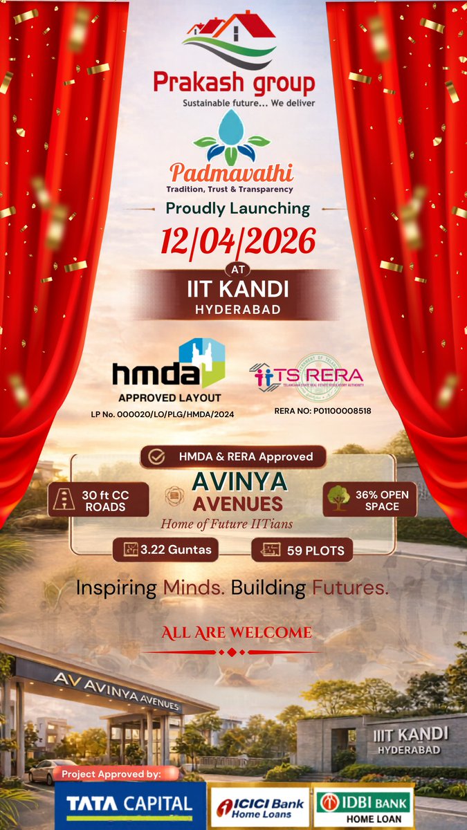 PrakashGroup1's tweet image. Only 59 Plots Near IIT Kandi! 🔥
HMDA Approved | High Growth Location 📈
Launching on April 12 🚀
Don’t miss your chance to invest early
📞 +91 99499 72417

#HyderabadPlots #LandInvestment #IITKandi