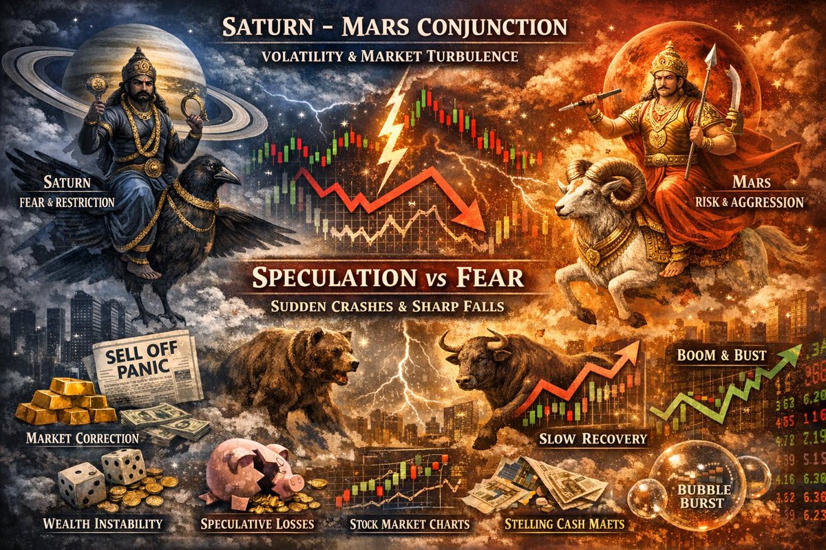 Pavanasoonu's tweet image. +/- one amsa (3 deg 20’) of the upcoming Saturn-Mars conjunction points to an escalation of conflict, mad men will go berserk and much volatility.
Keep your investments guarded. This is a sharp fall with slow recovery curve. 
Not a time for risk taking. 
Pisces Rasi people - Seat