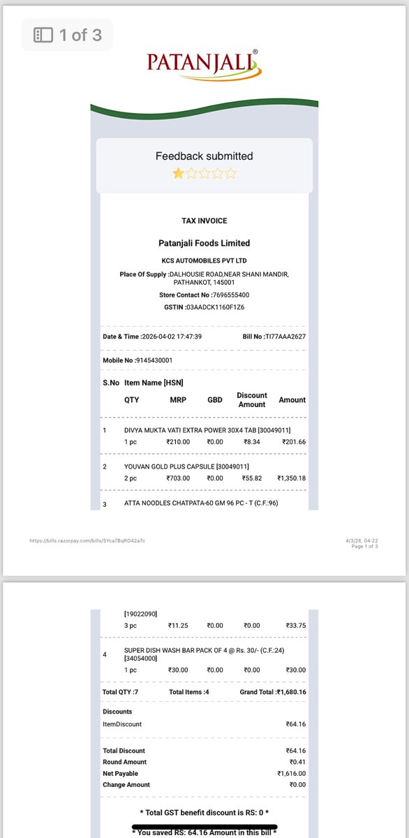 BigBull_2025's tweet photo. Big Scam/Fraud going in Patanjali Mega Store Pathankot(7009693068).
I purchased 2 Youvan Gold packs and 1 Mukta Vati as in bill issued by Store. I also got Bill from Patanjali App on my whatsapp. I was mentioned getting 64 Rs Discount & for that 2 items were added in my bill. Which i did not get store & they did not even mention in my bill. Clearly there are 2 Different bills for my purchase. Patanjali Store in Pathankot is doing Fraud with Customers and image of Patanjali is going down. They might have done this fraud with 1000s of Customers. I Request Patanjali Management to do Complete Audit of Pathankot Mega Store and do strict action. 
@PypAyurved @Patanjali_foods @yogrishiramdev @Ach_Balkrishna