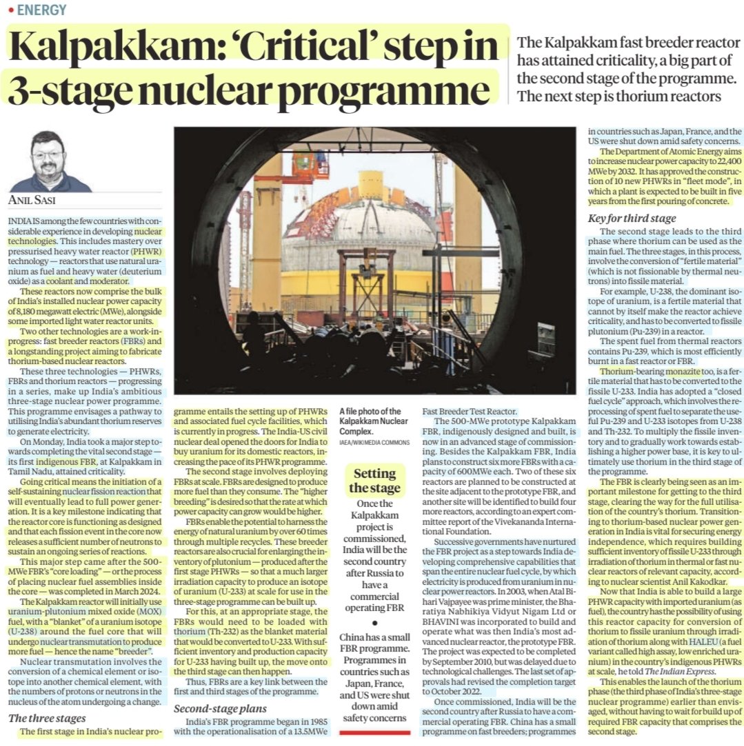 imRavikantYadav's tweet image. Kalpakkam: 'Critical' step in 3-stage Nuclear Programme

:An informative article by Sh @sasi_anil 

#India #NuclearProgramme #NuclearEnergy
#Kalpakkam #FBR #Criticality
#PHWR #Uranium #Plutonium #Thorium #Monazite
#HALEU #NuclearFissionReaction
#Energy #Electricity 

#UPSC