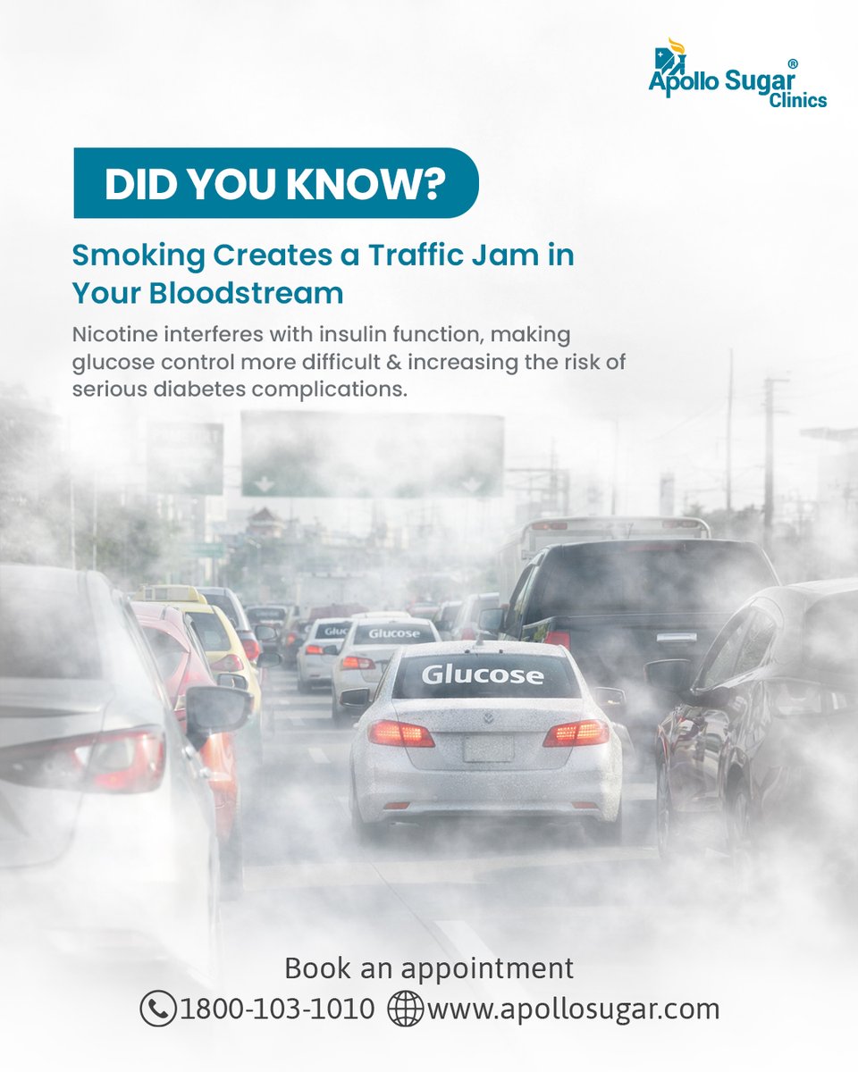 ApolloSugar_Ind's tweet photo. Smoking interferes with insulin and blood circulation, making diabetes harder to manage. Quitting tobacco can help improve glucose control &amp; reduce long-term health risks.

To book an appointment, call 1800-103-1010. https://t.co/F0IUTVG5QA