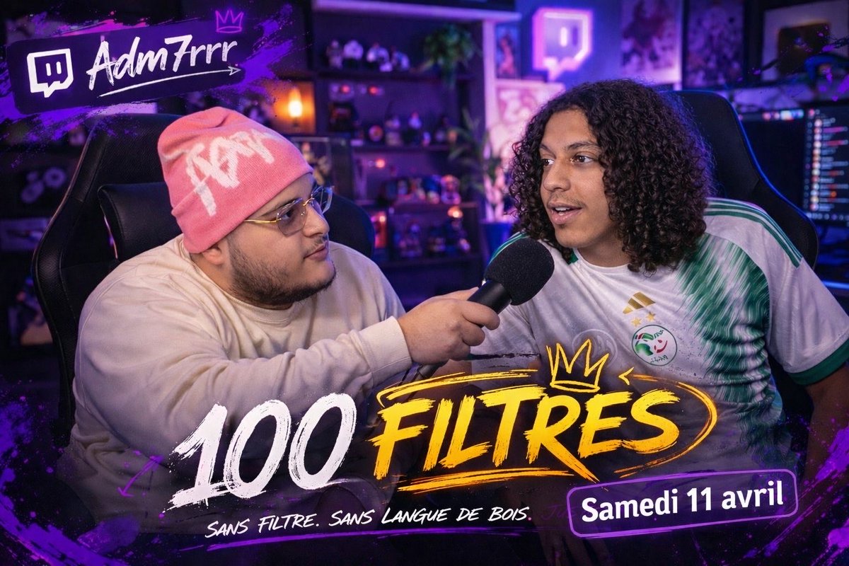 On ce donne RDV Samedi avec <a href="/toi1algerien/">YNSS_blk</a> à 22h pour la première édition de 100filtres 
Twitch.tv/Adm7rrr
