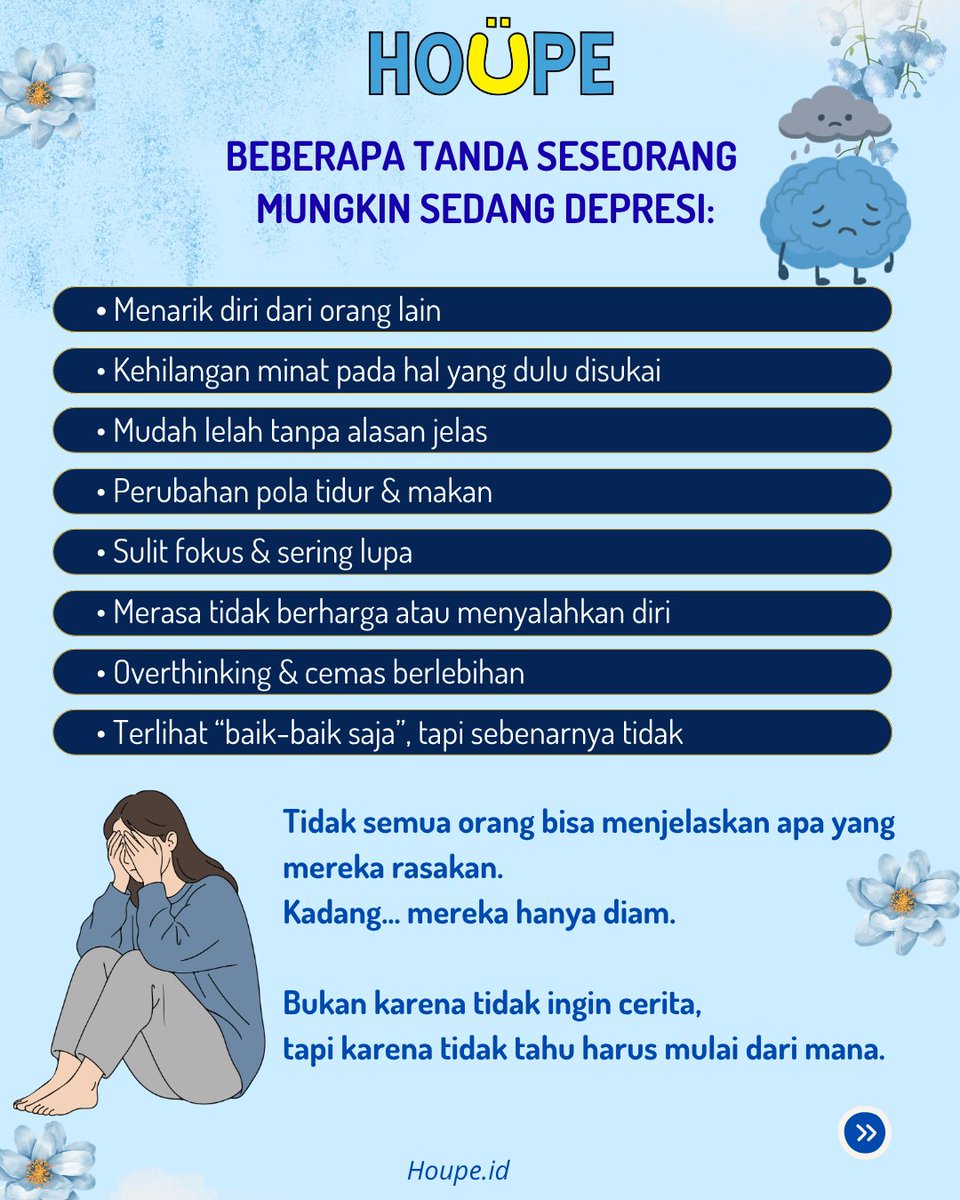 HoupeIndonesia's tweet image. Mungkin mereka sedang butuh ditemani,
bukan ditanya “kenapa kamu begini?”

Kalau kamu sendiri sedang di fase ini,
kamu tidak harus melewati semuanya sendirian.

Houpe hadir untuk menemani kamu
melalui konseling &amp;amp; hipnoterapi yang lebih dalam.

#mentalhealthindonesia #depresi
