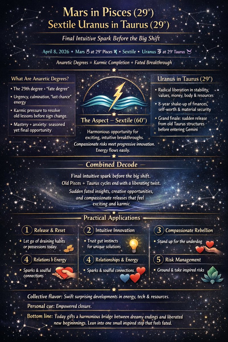 Sam33_3's tweet image. Mars at 29° of ♓️  Sextile Uranus at 29° of ♉️ 

This Anaretic Degree is a Final Intuitive Spark before the timeline Shifts.

A Karmic bridge Opens:

Release what drains you
Trust the strange insight
Take the small risk that feels fated

Dreamy Endings meet Liberated Beginnings.