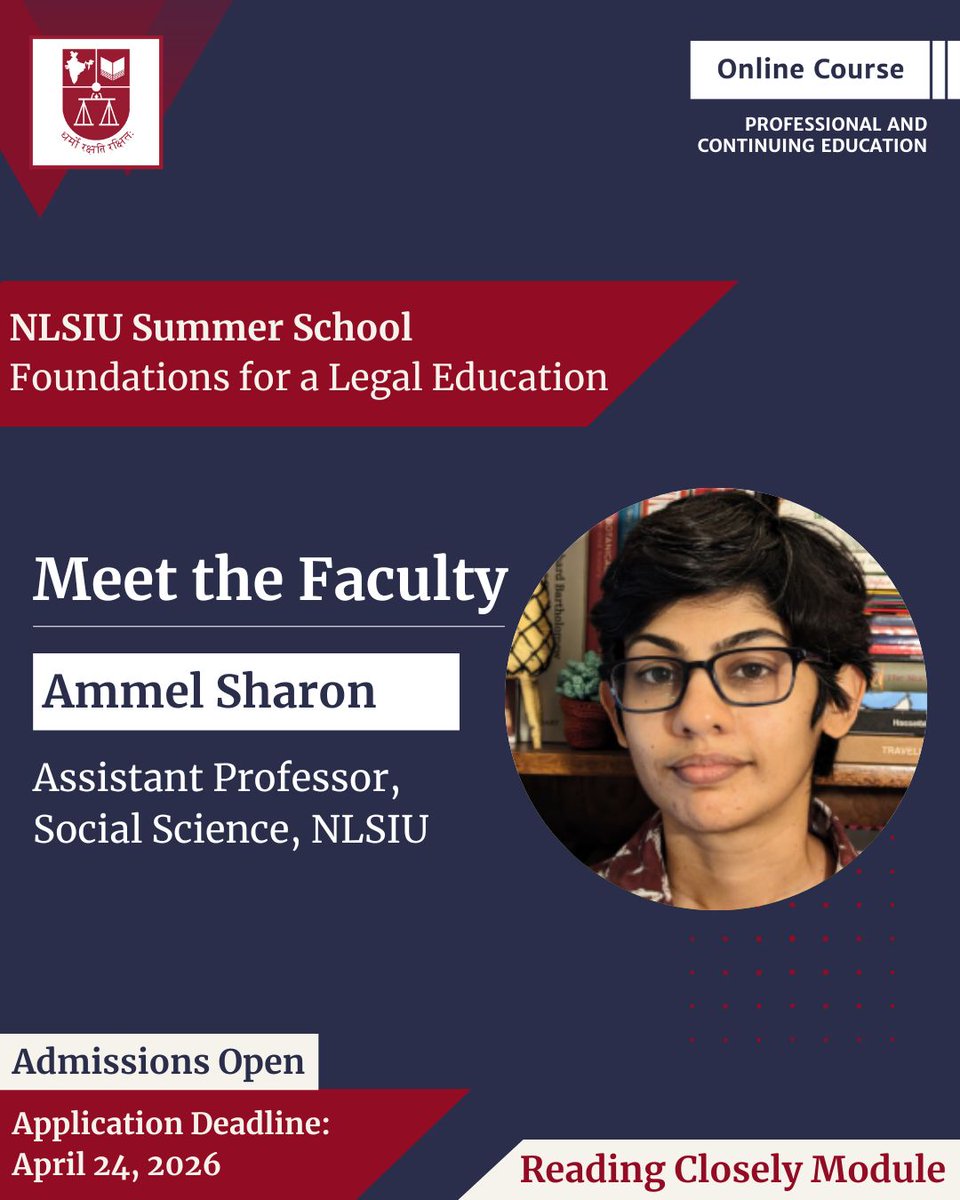 NLSIUofficial's tweet image. #AdmissionsOpen #FLE
Meet the Faculty | Reading Closely Module
Our faculty Ammel Sharon, and Kiran Suryanarayana will help you to develop careful reading strategies, understanding complex text formats and cultivating a spirit of inquiry. Apply to NLSIU's Foundations for a Legal