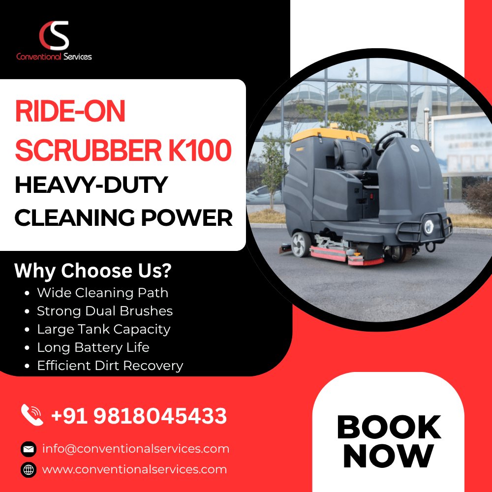 When it comes to large-scale floor maintenance, efficiency is everything. The K100 Ride-On Scrubber from Conventional Services is engineered for high-performance cleaning in warehouses, factories, and large commercial hubs.

Why choose the K100?
