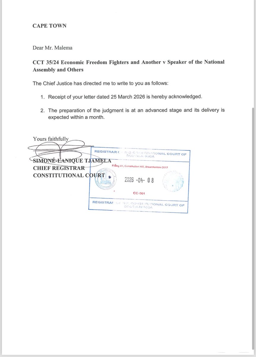 EFFSouthAfrica's tweet photo. ♦️Breaking News♦️

The Constitutional Court of South Africa has formally responded to CIC @Julius_S_Malema, confirming that judgment in the Phala-Phala matter (CCT 35/24) is at an advanced stage and expected within a month.

This follows the Economic Freedom Fighters’ principled and consistent calls for accountability in the Phala-Phala matter, after raising serious concerns over delays in the case!