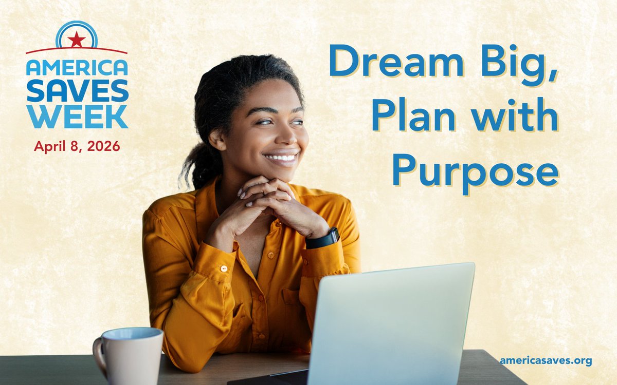 It’s Day 3 of #AmericaSavesWeek 2026: Dream Big, Plan with Purpose! 

Choose a milestone you want to save for and take one small step toward it today! 
Learn more from <a href="/AmericaSaves/">America Saves</a>: americasaves.org/resource-cente… #ASW2026