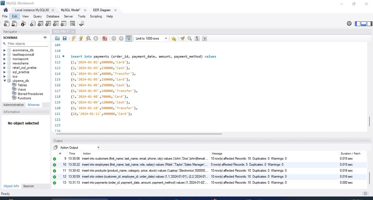 PeterFatd1's tweet image. Just built a full Sales DB from scratch 🛠️

Customers, Orders, Products, Payments, Employees
Realistic relationships &amp;amp; ERD in MySQL Workbench
Seeing the data visually = game changer

Learning SQL isn’t just queries, it’s building systems that make sense 💡

#SQL #DataAnalytics