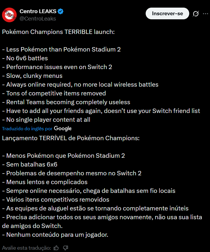 SrLinguicaVIVE's tweet image. Pokémon Champions chegou para Nintendo Switch, tá sendo massacrado.

O game recebeu uma atualização gratuita para o Switch 2, ainda sim roda a 30fps e tem elementos da interface com baixa resolução.