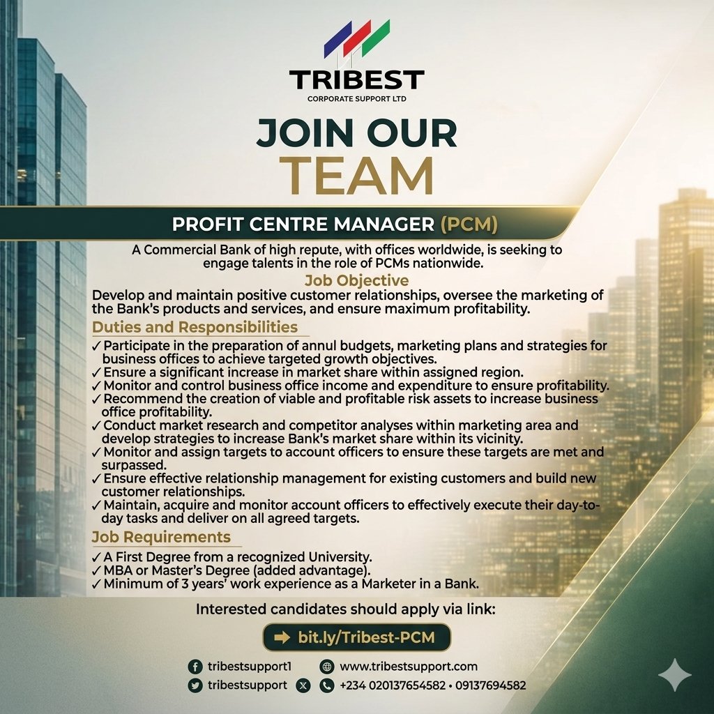 tribestsupport1's tweet image. We are still Recruiting Profit Centre Manager (PCM)

Interested candidates should apply via link:  bit.ly/Tribest-PCM

#Hiring #NigeriaJobs #JobTwitter #Banking