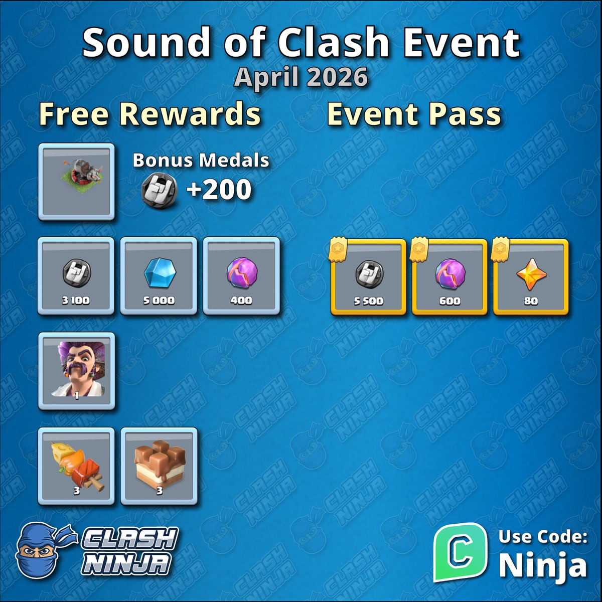 ClashDotNinja's tweet image. Sound of Clash Event Rewards

Here is a breakdown of free rewards and the event pass rewards

The event pass can be purchased in game or from the Supercell Store for additional rewards.

Code: Ninja

#ClashofClans