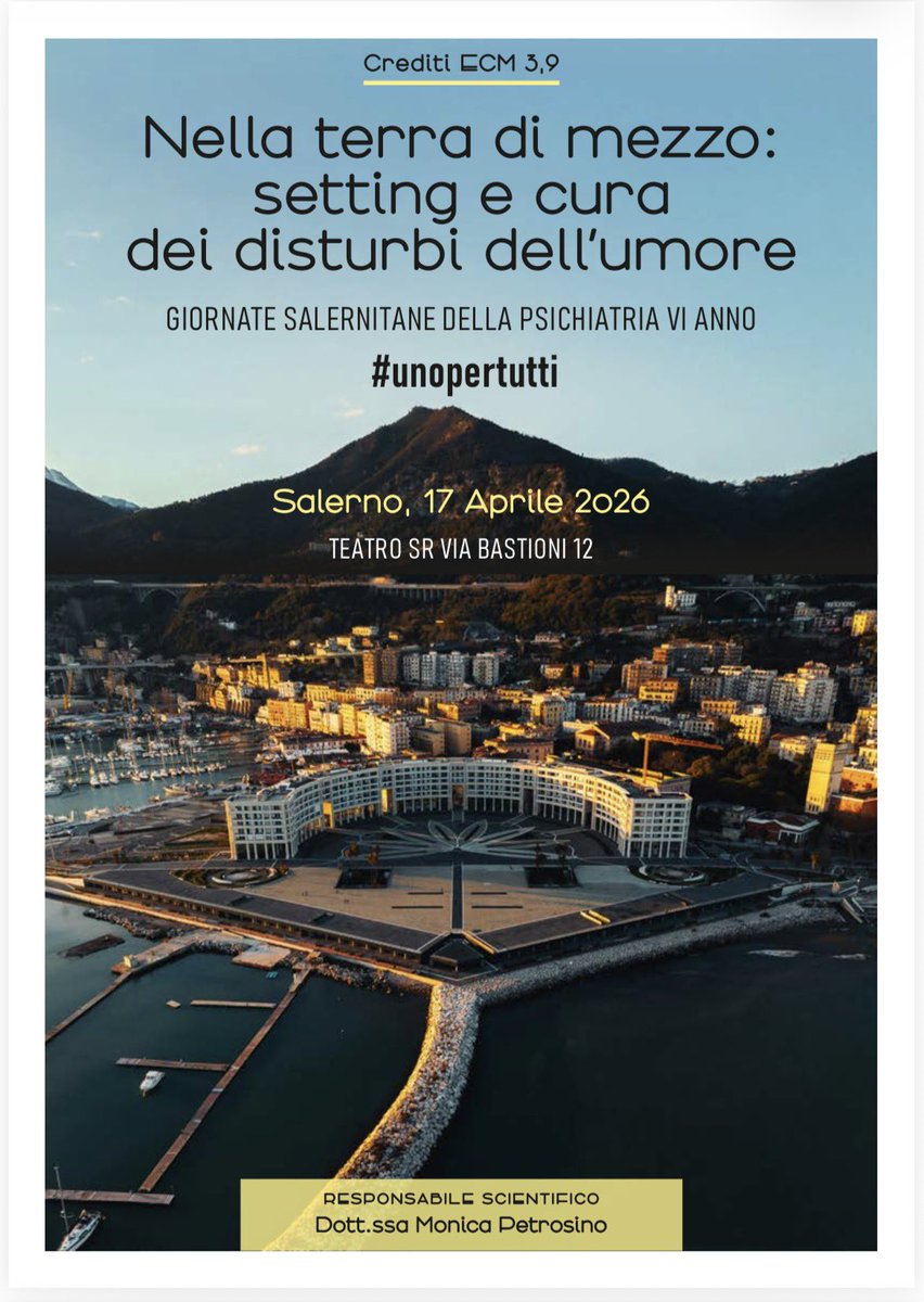 sunballo's tweet photo. 📍 Salerno, 17/04/26 | Giornate della Psichiatria: "Nella terra di mezzo" 🧠. Un focus su diagnosi e cure personalizzate per i disturbi dell'umore.  
🔹 Target: 25 psichiatri ASL Salerno (priorità SPDC)
🔹 Crediti: 3,9 ECM
🔹 Iscrizione: Piattaforma LT3 (codice QU2DSY) https://t.co/6rzOvyVV44